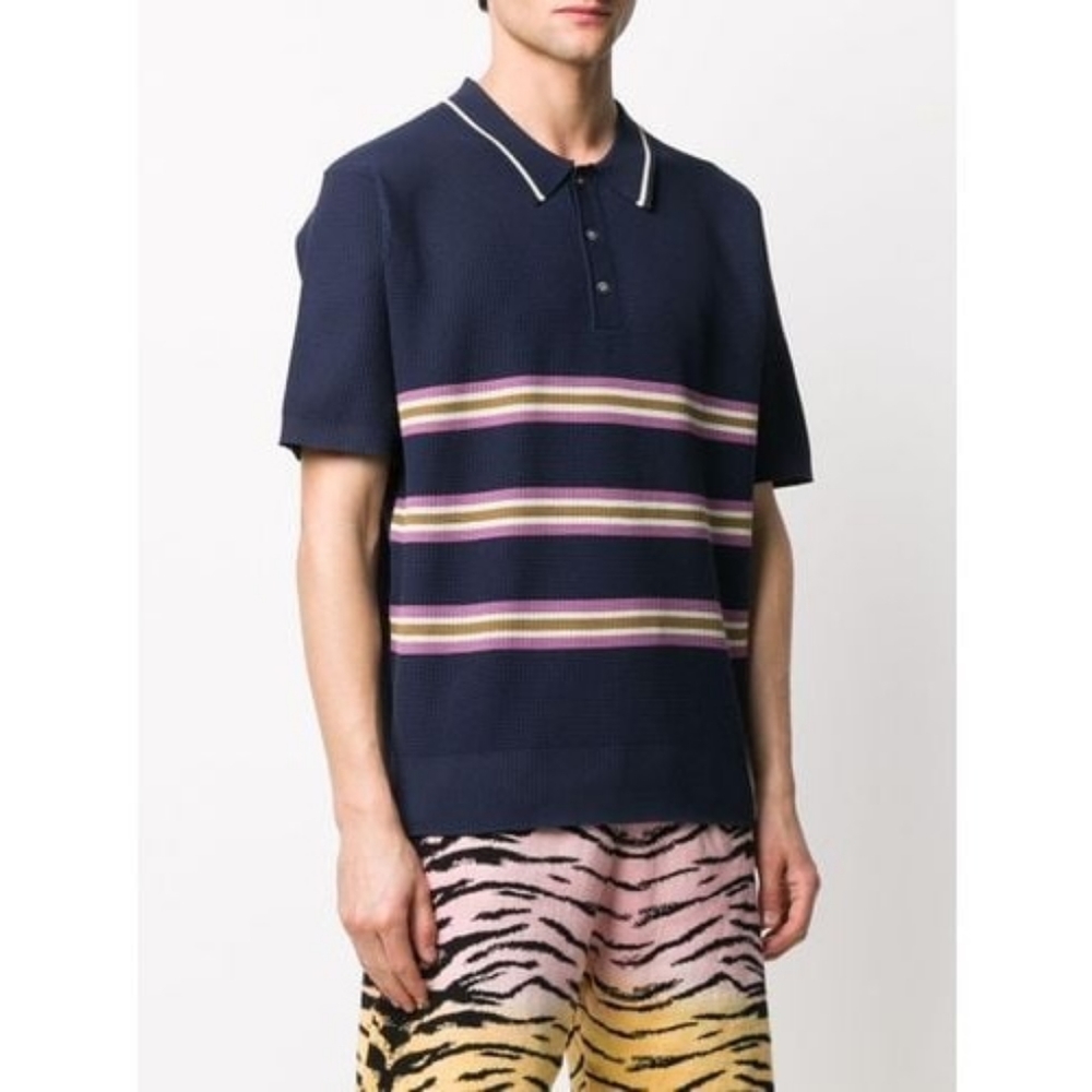 Stussy Montego Polo Short Sleeve Shirt Stripe Knit Size Medium Navy Blue
